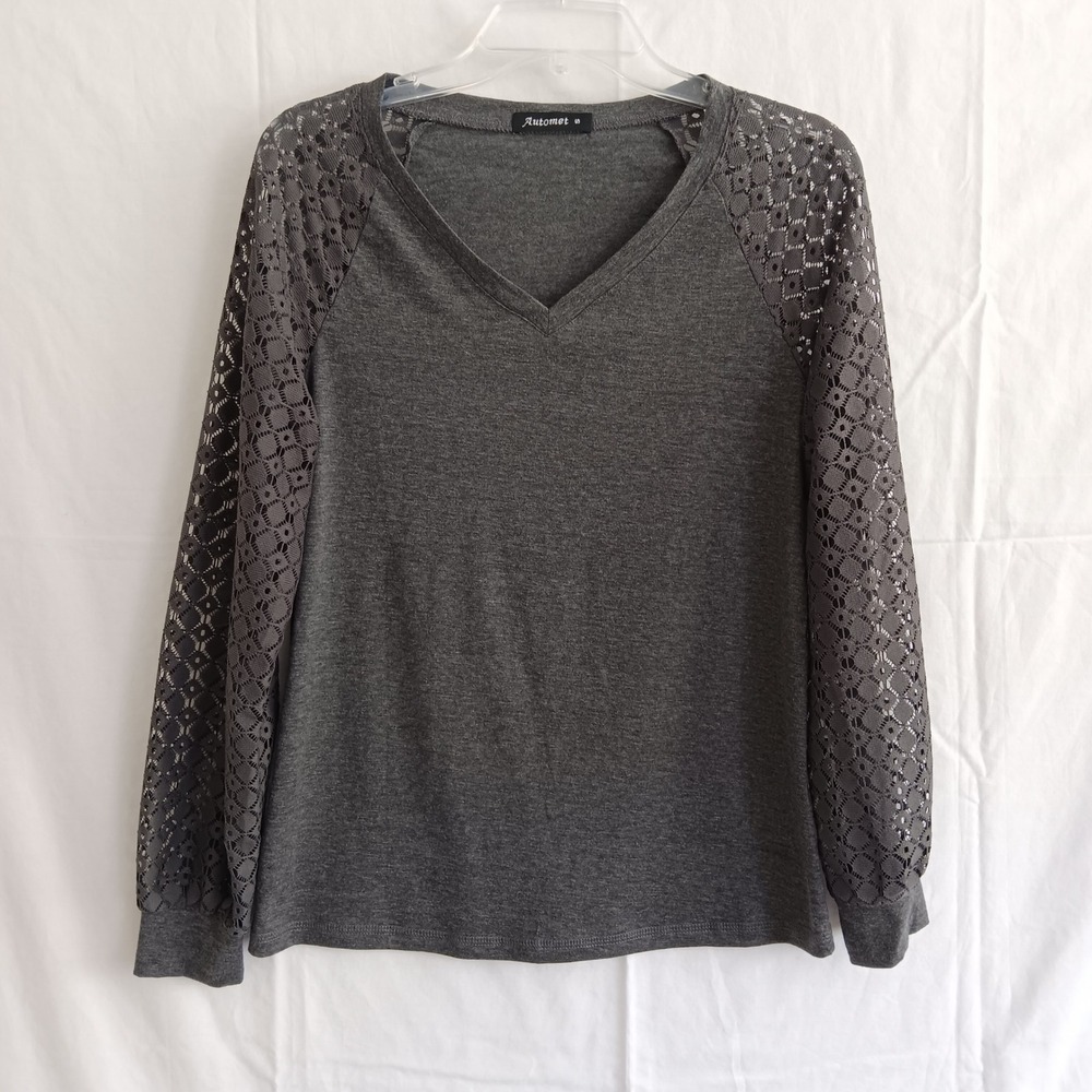 Automet Lace Sleeve Top Womens Small Grey Excellent V-Neck Crochet Puff Blouse